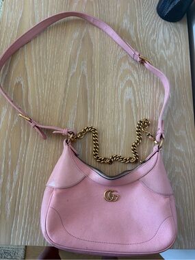 Authentic Gucci Pink Leather Shoulder Bag with Gold Chain Detail